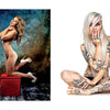 Featured in "Alvarado's Pin-up Nudes, 2nd Edition" by Schiffer Publishing, Ltd., two women pose nude in classic pin-up style—one with long hair on a red cube, the other a tattooed blonde seated cross-legged—capturing vintage artistry.