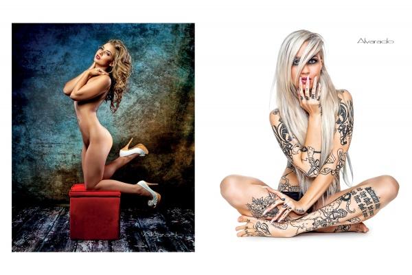 Featured in "Alvarado's Pin-up Nudes, 2nd Edition" by Schiffer Publishing, Ltd., two women pose nude in classic pin-up style—one with long hair on a red cube, the other a tattooed blonde seated cross-legged—capturing vintage artistry.