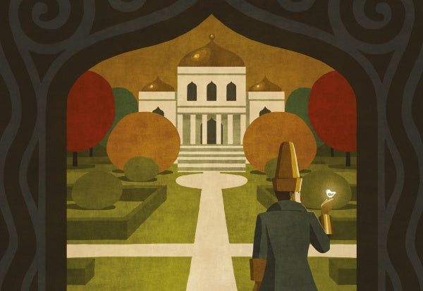 A stylized illustration inspired by "The Bird Who Swallowed a Star" from Schiffer Publishing, Ltd. depicts a grand palace with golden domes, colorful gardens, and a figure in a tall hat holding a glowing object under an ornate archway.