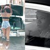Split image: Left, a woman in denim shorts faces an open car trunk. Right, the same woman—featured in AOI Ink Nymphs Los Angeles by Schiffer Publishing, Ltd.— gazes out a car window with a serious, contemplative look.