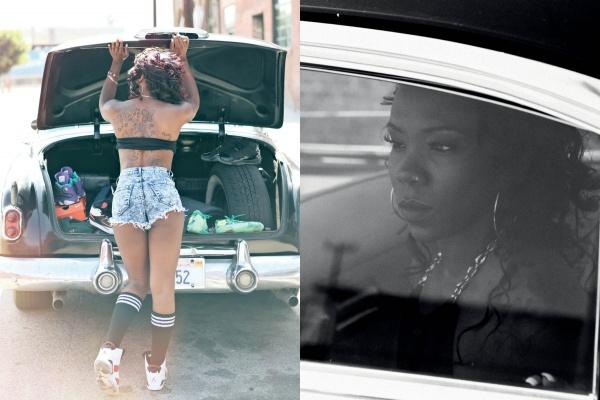 Split image: Left, a woman in denim shorts faces an open car trunk. Right, the same woman—featured in AOI Ink Nymphs Los Angeles by Schiffer Publishing, Ltd.— gazes out a car window with a serious, contemplative look.