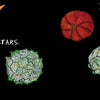 On a black background, orange carrots with green peas on top, two cabbages, and a red tomato are arranged. White handwritten text reads: Astro Pea by Schiffer Publishing, Ltd. and He spotted a cosmic adventure….