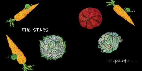 On a black background, orange carrots with green peas on top, two cabbages, and a red tomato are arranged. White handwritten text reads: Astro Pea by Schiffer Publishing, Ltd. and He spotted a cosmic adventure….