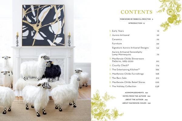 A room features a white fireplace, gold and black abstract art above, and handcrafted sheep sculptures. On the right, a contents page from "Celebrating MacKenzie-Childs" by Schiffer Publishing, Ltd. is displayed.