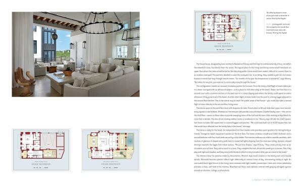A magazine spread highlights "Anatomy of a Great Home" by Schiffer Publishing, Ltd., featuring a modern living room, large windows, and three labeled floor plans—showcasing sustainable American home design.