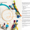 The PixlPeople cross-stitch kit from Schiffer Publishing, Ltd. includes an embroidery hoop with fabric, orange thread, colorful floss, a personalized cartoon people pattern, plus instructions and a supply list for starting embroidery.