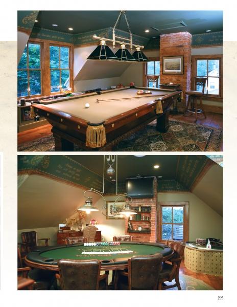 A pool table sits at the center of the room, adding a sophisticated touch inspired by Showhouses 1 from Schiffer Publishing, Ltd.