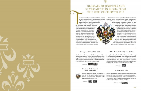 A two-page spread from Beyond Fabergé by Schiffer Publishing, Ltd. features beige and white decorative motifs on the left, with text on Russian jewelers (18th century–1917), a coat of arms, and short biographies on the right.