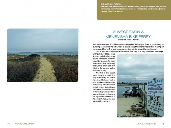 A sandy path through grassy dunes leads to the ocean under clouds, while a Bike Ferry sign sits on the dock—classic Martha’s Vineyard scenery from "In My Footsteps" by Schiffer Publishing, Ltd.