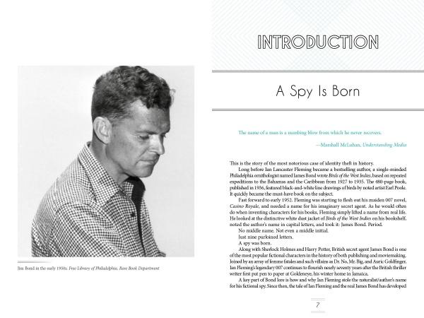 A black-and-white profile photo of a man appears on the left page. On the right, “A Spy Is Born” is introduced with a quote and two columns about James Bond, the famed ornithologist, from The Real James Bond by Schiffer Publishing, Ltd.