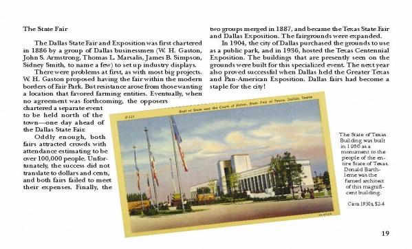 The page from "Greetings From Dallas" (Schiffer Publishing, Ltd.) showcases a vintage State Fair postcard with bustling crowds. The angled image and caption highlight the historic charm of Dallas at its celebrated State Fair.