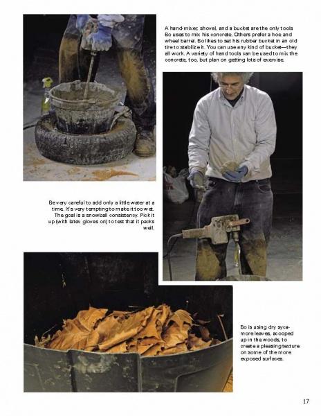 Three images feature Sand Casting Concrete by Schiffer Publishing, Ltd.: one shoveling mix from a bucket, another examining a tool outdoors, and a close-up of a bucket with brown, crumpled material—ideal for step-by-step visuals.