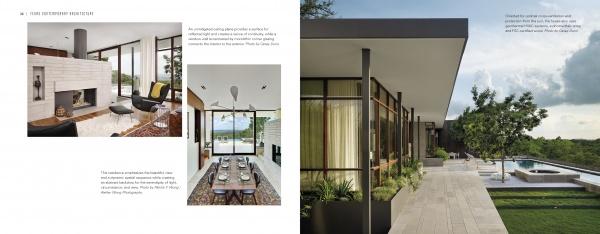 Contemporary Texas Architecture from Schiffer Publishing, Ltd. highlights modern homes with white fireplaces, sleek dining areas with large windows, and stunning glass-walled exteriors featuring patios and pools surrounded by greenery.