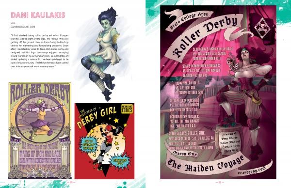 Discover "Roller Derby / Girl Gang" by Schiffer Publishing, Ltd.: a two-page comic-style spread spotlighting artist Dani Kaulakis on the left and a dynamic, tattooed skater poster celebrating female empowerment on the right.
