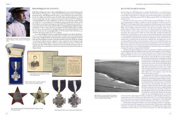 A two-page spread from "Blue Seas, Red Stars" by Schiffer Publishing, Ltd. features text, historical photos, Soviet military medals, a WWII US Navy portrait, documents, and an aerial coastline photo, all organized with images beside the text.