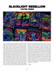 A magazine page spotlights Schiffer Publishing, Ltd.’s "Pinball Wizards & Blacklight Destroyers," featuring neon skeleton motorcycle posters by Dirty Donny Gillies. Bold blacklight art and vibrant text highlight this edgy pop-art collection.