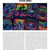 A magazine page spotlights Schiffer Publishing, Ltd.’s "Pinball Wizards & Blacklight Destroyers," featuring neon skeleton motorcycle posters by Dirty Donny Gillies. Bold blacklight art and vibrant text highlight this edgy pop-art collection.