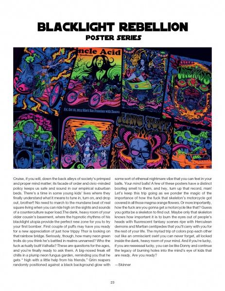 A magazine page spotlights Schiffer Publishing, Ltd.’s "Pinball Wizards & Blacklight Destroyers," featuring neon skeleton motorcycle posters by Dirty Donny Gillies. Bold blacklight art and vibrant text highlight this edgy pop-art collection.