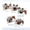 Five photos from "Building Gourd Birdhouses with the Fairy Gourdmother®" by Schiffer Publishing, Ltd. show hands painting a gray cat-shaped gourd—ears, eyes, pupils, nose accent, and whiskers applied step-by-step with a fine brush.