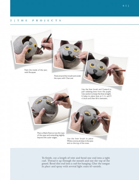 Five photos from "Building Gourd Birdhouses with the Fairy Gourdmother®" by Schiffer Publishing, Ltd. show hands painting a gray cat-shaped gourd—ears, eyes, pupils, nose accent, and whiskers applied step-by-step with a fine brush.