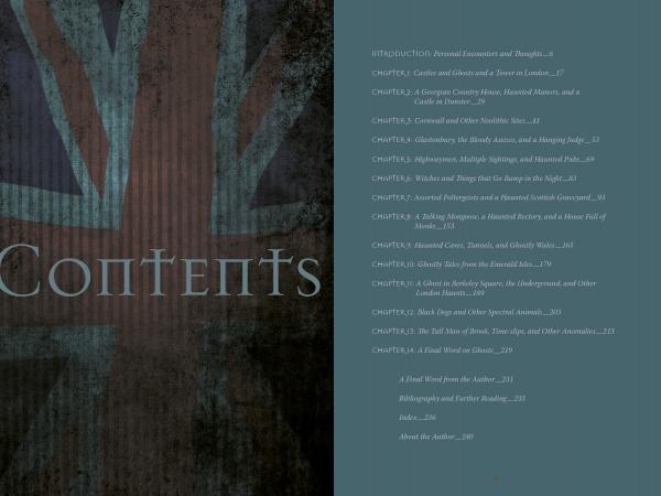 The table of contents features a subtle British flag backdrop. Chapters—spanning from Introduction: Personal Encounters and Thoughts to About the Author—welcome readers to Haunted Britain by Schiffer Publishing, Ltd., exploring paranormal UK sites.