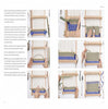 Schiffer Publishing, Ltd.’s "Weaving" features nine step-by-step photo guides on white pages, showing hands weaving green and blue yarn on a wooden loom and illustrating the zero-waste process with clear text instructions.