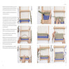 Schiffer Publishing, Ltd.’s "Weaving" features nine step-by-step photo guides on white pages, showing hands weaving green and blue yarn on a wooden loom and illustrating the zero-waste process with clear text instructions.