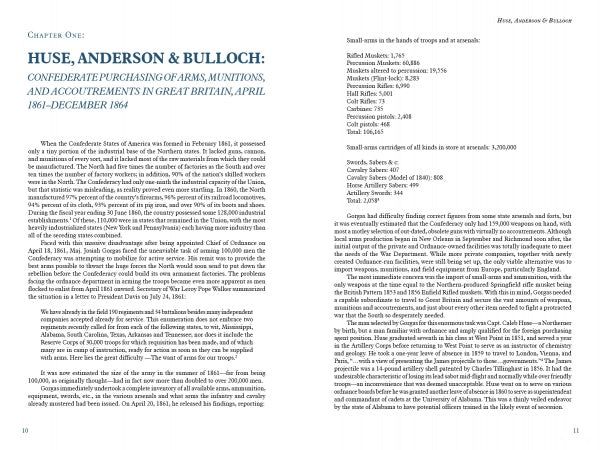 A page from "Suppliers to the Confederacy Volume II" by Schiffer Publishing, Ltd. covers Huse, Anderson & Bulloch’s arms buying in Britain, displaying clear text and a summary table, with blue and black headings for easy reading.