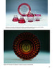 Top: Vintage ruby red and clear Depression glassware set—bowl, plates, cups, creamer, sugar bowl. Bottom: Large round amber and ruby geometric glass bowl. From Mauzy's Rare, Unusual, & Unique Depression Glass by Schiffer Publishing.