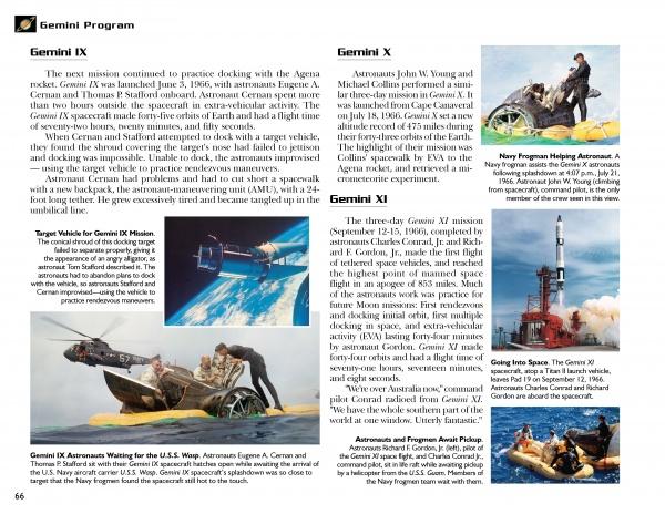 The magazine page from *Cape Canaveral: America's Spaceport* by Schiffer Publishing, Ltd. covers Gemini IX and X with astronaut training photos, a Cape Canaveral launch image, a mission diagram, plus captions and info boxes highlighting the space program.
