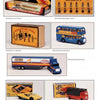 A collage of vintage Matchbox trucks, buses, a yellow sports car, road signs, and original packaging on white promotes "The Encyclopedia of Matchbox Toys" by Schiffer Publishing, Ltd.—a perfect addition to any collector's guide.