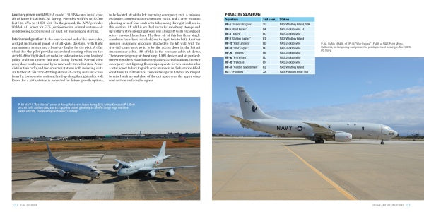 A two-page Schiffer Publishing, Ltd. magazine spread shows military aircraft text and charts with two grey planes on a runway (left) and a P-8A Poseidon maritime patrol aircraft parked on an airfield (right).