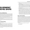 The "Ro-Ro Handbook" by Schiffer Publishing, Ltd. features a two-page spread on the development, construction, challenges, and types of roll-on/roll-off ships in a clear ship operation handbook format with organized text and bullet points.