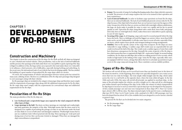 The "Ro-Ro Handbook" by Schiffer Publishing, Ltd. features a two-page spread on the development, construction, challenges, and types of roll-on/roll-off ships in a clear ship operation handbook format with organized text and bullet points.