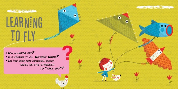 “Relationship Navigators” by Schiffer Publishing, Ltd. features a child and rabbit flying vibrant kites as a chicken looks on, highlighting how kite-flying teaches energy use, aerodynamics, and builds kids’ self-confidence.