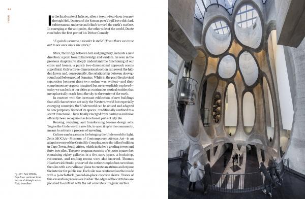 A magazine spread for "Notes from the Underworld" by Schiffer Publishing, Ltd. features text on the left and a photo on the right of a modern, cavernous interior with curved windows—an inspiring example of subterranean adaptive reuse.