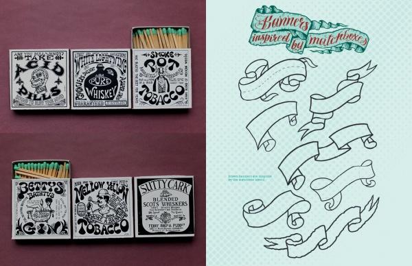 On the left, four matchboxes with vintage ad art for pills, whiskey, and tobacco; on the right, hand-drawn banners displaying “Tattoo Lettering & Banners” from Schiffer Publishing, Ltd., inspired by matchbox designs.