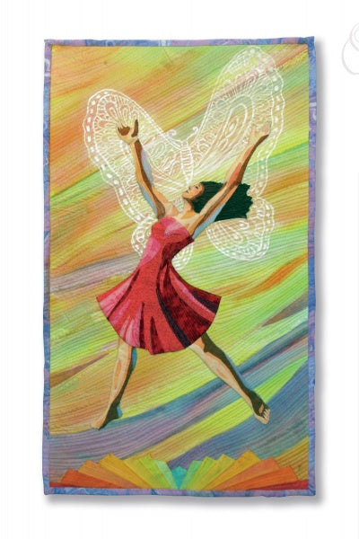 Dare to Dance" by Schiffer Publishing, Ltd. depicts a woman in a red dress with lacy white wings leaping joyfully, arms raised, against a swirling multicolored background—a vibrant textile art piece reminiscent of dance quilts.