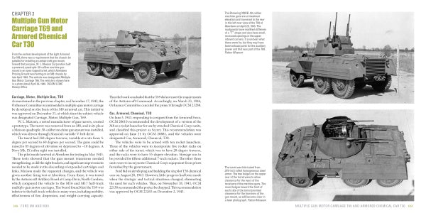 Two pages from "Ford M8 and M20" by Schiffer Publishing, Ltd. show black-and-white photos of WWII armored vehicles—side and top views—and text about the Multiple Gun Motor Carriage T69 and Armored Chemical Car T30.