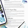 A page with watercolor splashes and blue-purple hues features text on painting techniques, a palette, and a paintbrush, evoking the artistic style of "Kristy's Winter Cutting Garden" by Schiffer Publishing, Ltd.