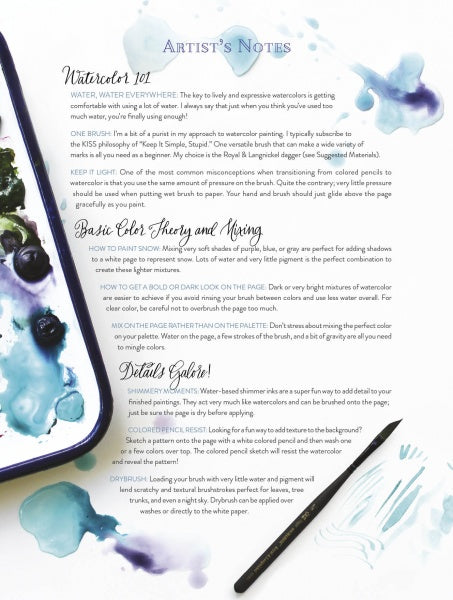 A page with watercolor splashes and blue-purple hues features text on painting techniques, a palette, and a paintbrush, evoking the artistic style of "Kristy's Winter Cutting Garden" by Schiffer Publishing, Ltd.