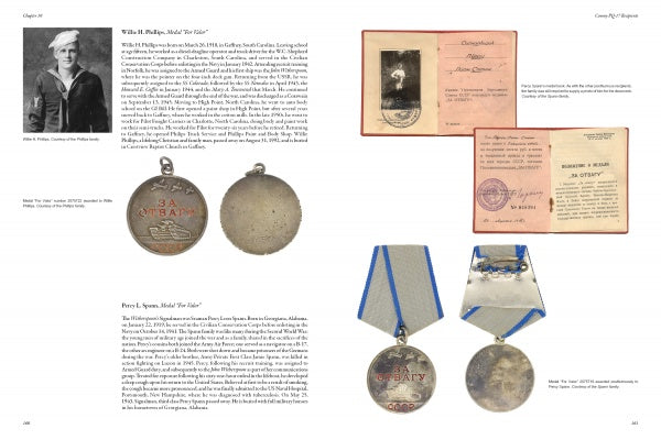 A spread from "Blue Seas, Red Stars" by Schiffer Publishing, Ltd. features a sailor’s portrait, Soviet medals with Cyrillic text, and close-ups of official documents—showcasing convoy heroism during US Navy service in WWII.