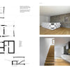 The Contemporary Home Design by Schiffer Publishing, Ltd. features floor plans and a section view on the left, and on the right, two photos of a modern living area with stone wall accents and shelving, plus a kitchen with wood stairs and stone backsplash.