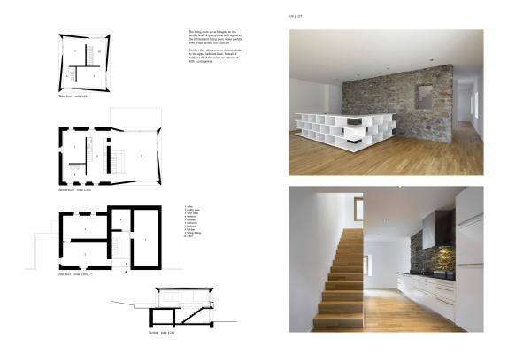 The Contemporary Home Design by Schiffer Publishing, Ltd. features floor plans and a section view on the left, and on the right, two photos of a modern living area with stone wall accents and shelving, plus a kitchen with wood stairs and stone backsplash.