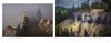 Left: A ranger reads a sign in misty Crater Lake National Park. Right: Tall volcanic rocks tower over a forested canyon—ideal for photos. Featured in "Ashland, Oregon, Day Trips" by Schiffer Publishing, Ltd.
