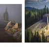 Left: A ranger reads a sign in misty Crater Lake National Park. Right: Tall volcanic rocks tower over a forested canyon—ideal for photos. Featured in "Ashland, Oregon, Day Trips" by Schiffer Publishing, Ltd.