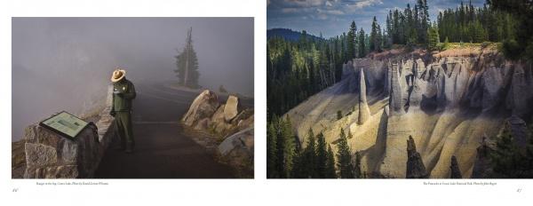 Left: A ranger reads a sign in misty Crater Lake National Park. Right: Tall volcanic rocks tower over a forested canyon—ideal for photos. Featured in "Ashland, Oregon, Day Trips" by Schiffer Publishing, Ltd.