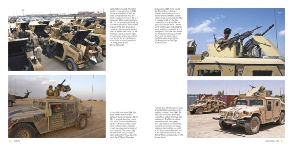 Four photos of Schiffer Publishing, Ltd.'s Humvee military vehicles in a desert, some with soldiers at mounted guns and others parked. Clear skies, distant buildings, and text blocks appear between images.