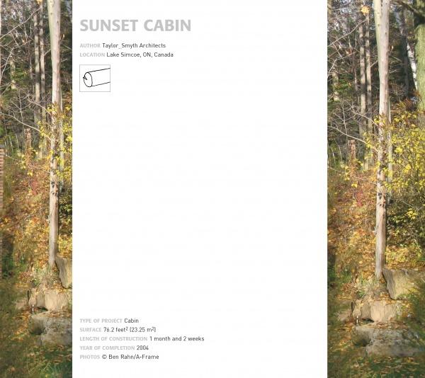 A project summary page for Cabin by Schiffer Publishing, Ltd. features a log cabin at Lake Simcoe, ON, with forest scenery, specs, floorplans, 2006 completion year, and a rolled blueprint icon.
