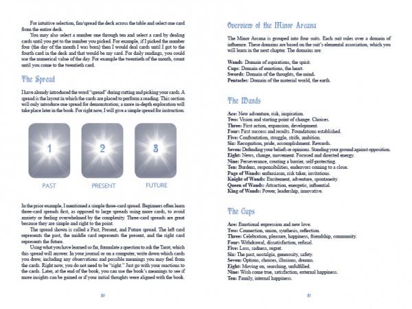 A Tarot book by Schiffer Publishing, Ltd. features spreads with text and three illustrated cards labeled Past, Present, and Future, plus headings like The Spread and overviews of the Minor Arcana, Wands, and Cups with symbols and brief card meanings.